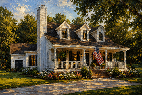 Framed oil-style house portrait print