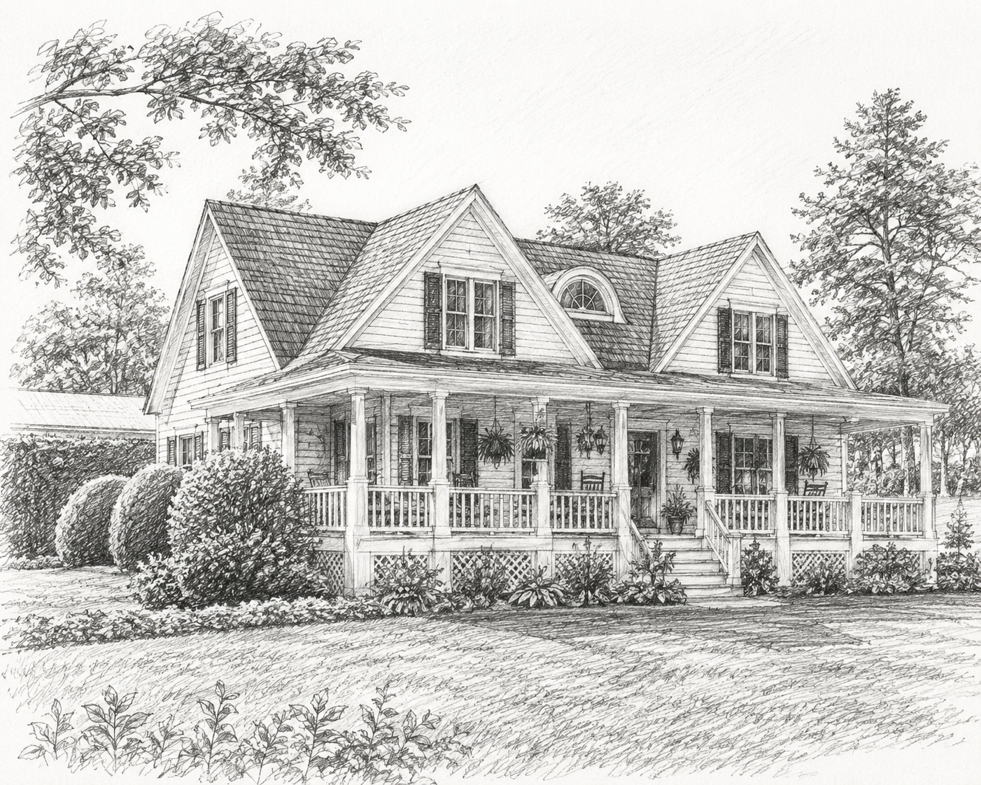 Framed pencil-sketch house portrait print