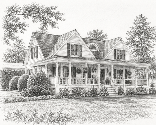 Framed pencil-sketch house portrait print